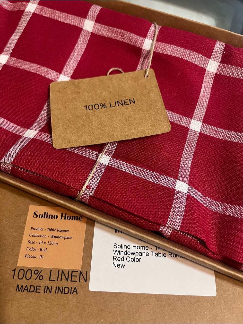Solino Home 100% Linen New Red Windowpane 14 x 120 Table Runner